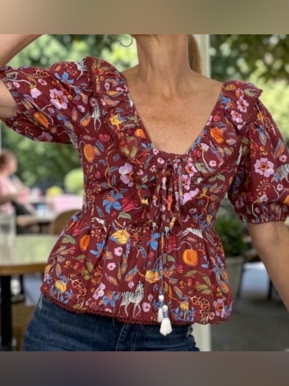 Maeve by Anthropology Burgundy Floral Tie-Front Peplum Blouse 500